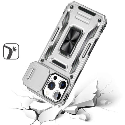 For Apple iPhone 16e Tough Hybrid Case with Movable Camera Window & Metal Ring Stand Shockproof Case Cover Silver