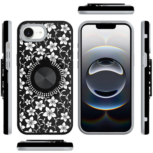 For Apple iPhone 16e Pattern Design Hybrid with Invisible Ring Stand & Magnetic Back, Shockproof Protective Grip Case Cover Classic Floral