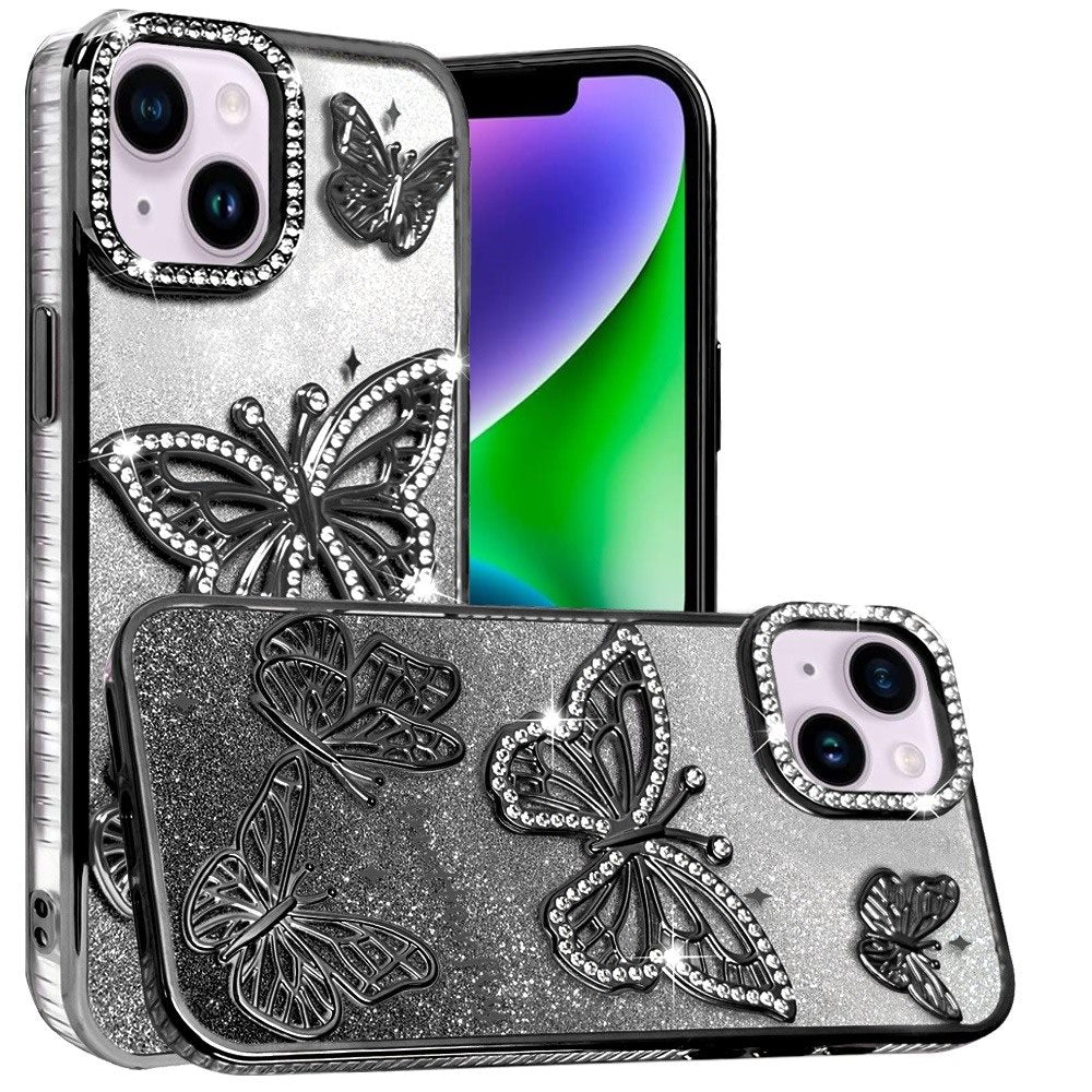 For Apple iPhone 14 /iPhone 13 (6.1") Luxury Butterfly Sparkle Glitter Diamond Crystal Rhinestone Shimmer Bling Plating Thick TPU Hard PC Case Cover