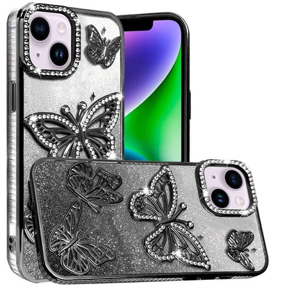 For Apple iPhone 14 /iPhone 13 (6.1") Luxury Butterfly Sparkle Glitter Diamond Crystal Rhinestone Shimmer Bling Plating Thick TPU Hard PC Case Cover