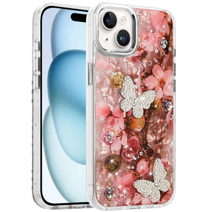 For Apple iPhone 15 Epoxy Glitter Flowers Bling 3D Butterfly Fashion TPU Hybrid with Shockproof Protection Case Cover