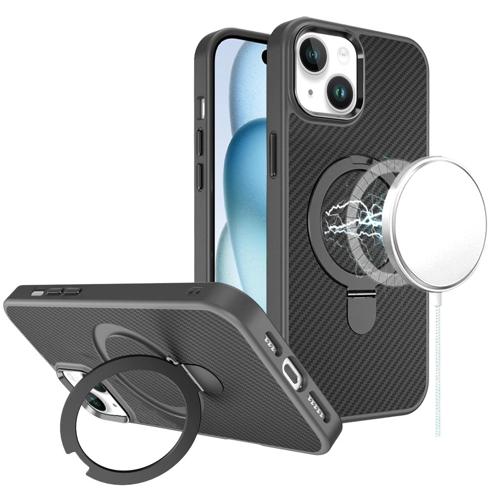 For Apple iPhone 14 Pro Max Hybrid Carbon Fiber Design with MagSafe Compatible [Magnetic Circle], Ring Stand Shockproof Slim TPU Case Cover