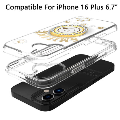 For Apple iPhone 16 Plus (6.7") Smiling Glitter Ornament Bling Sparkle with Ring Stand Hybrid Slim TPU + Hard Back Shell Case Cover