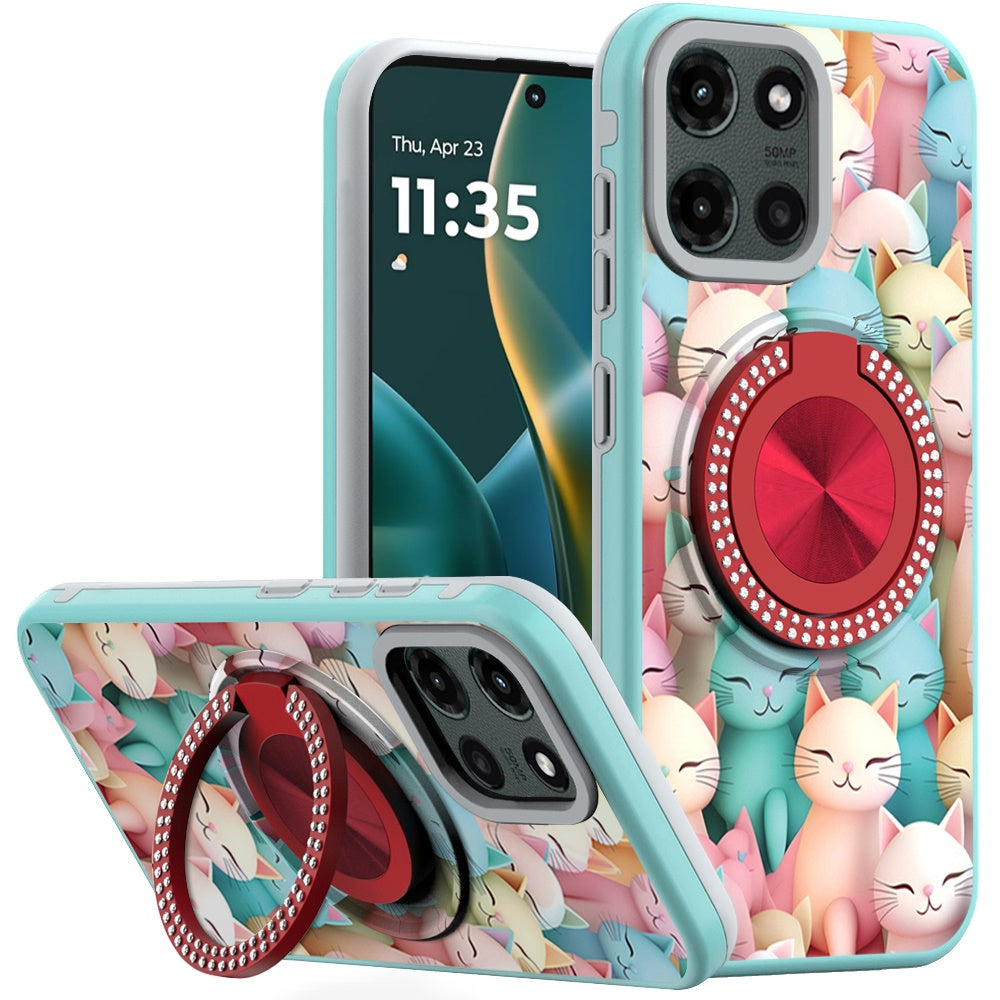For Motorola Moto G Stylus 5G 2025 Pattern Design Hybrid with Invisible Ring Stand & Magnetic Back, Shockproof Protective Grip Case Cover