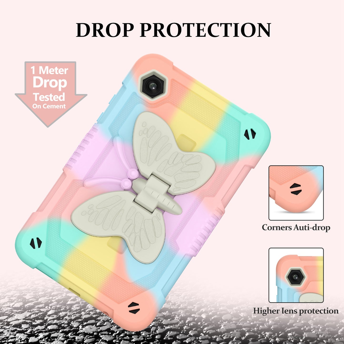 For Butterfly Wings Kickstand 3in1 Tough Hybrid with Pencil Holder Heavy Duty Rugged Shockproof Full Protective Rainbow Tablet Case Cover