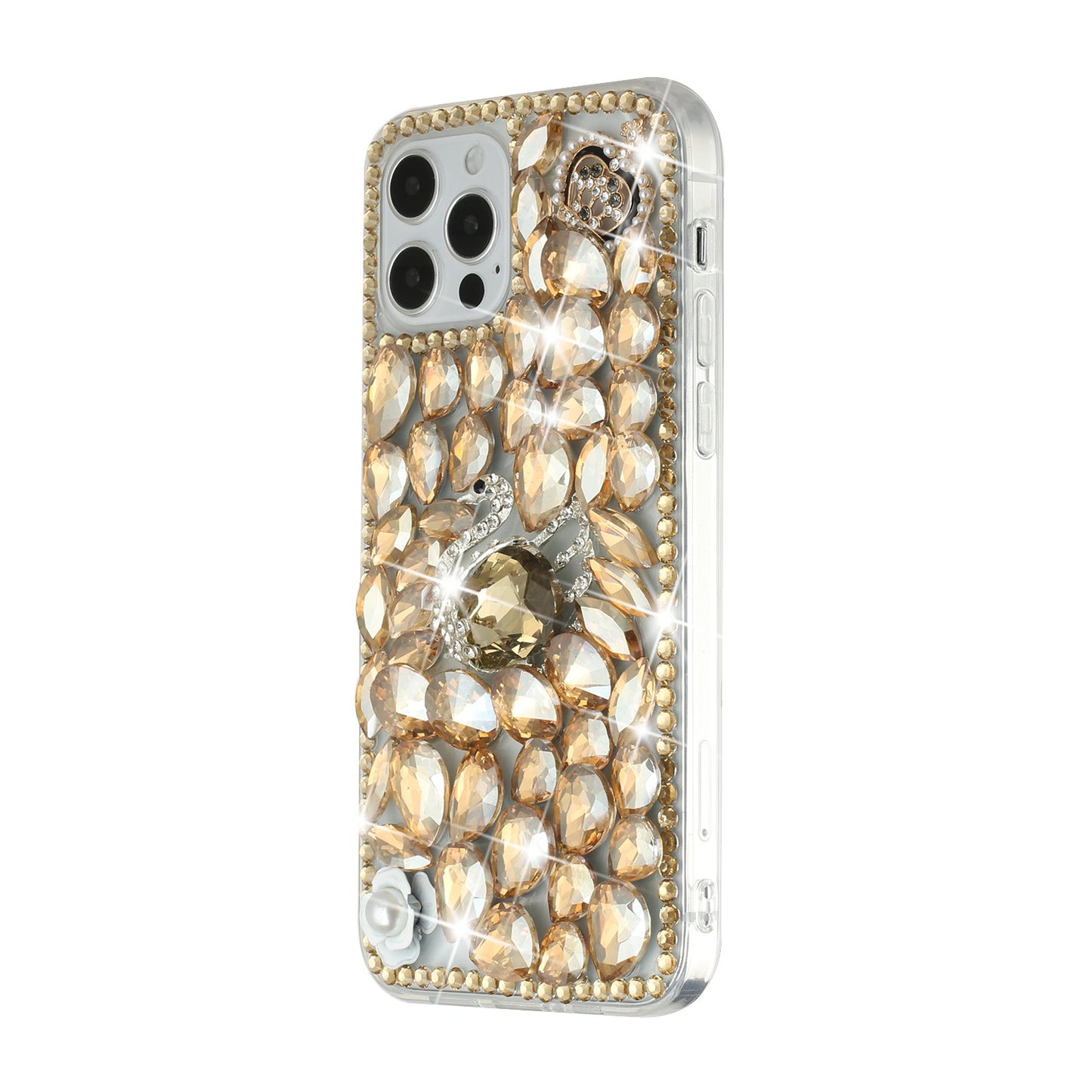 For Samsung Galaxy Z Fold 7 Bling Crystal 3D Full Diamonds Luxury Sparkle Rhinestone Hybrid Protective Case Cover Gold Swan Crown Pearl