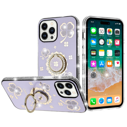 For Samsung Galaxy A06 Diamonds Bling All Around Edges Sparkly Glitter Hybrid with Ring Stand Holder Fashion Good Luck Case Cover