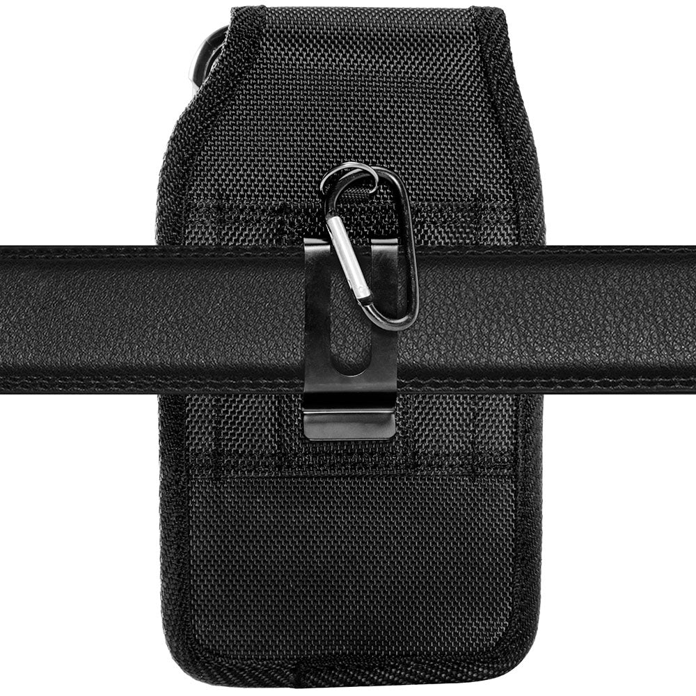 For Apple iPhone 16 Plus (6.7") Universal Pouch Case Vertical Phone Holster Nylon Cover with Front Buckle, Belt Clip Loop & Hook Carabiner [Black]