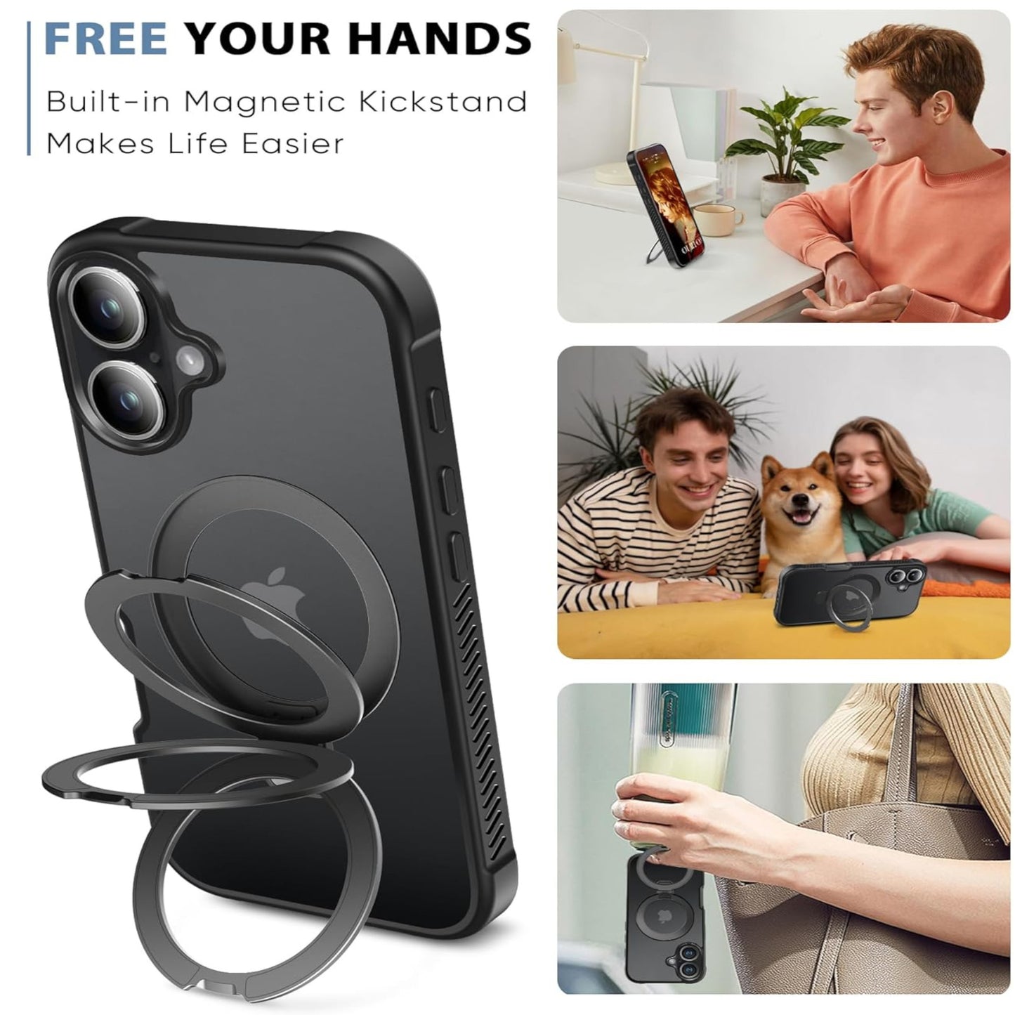 For Apple iPhone 16e /iPhone SE4 Ring Holder Military-Grade Shockproof, Magnetic Kickstand, Large Twisting Compatible with MagSafe Case Cover