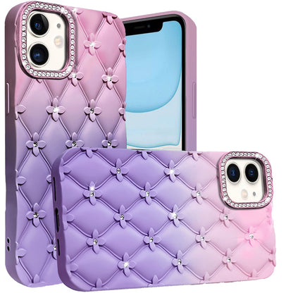 For Apple iPhone 11 Fashion Flower Design Sparkle Glitter Shimmer Rhinestone Bling Floral Accents, Leather Texture TPU Case Cover Light Pink /Light Purple