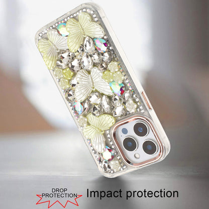 For Apple iPhone 16 Pro Max 3D Diamond Floral Butterfly Bling Stone Hybrid, Sparkly Rhinestone Gemstone Back Shockproof Case Cover