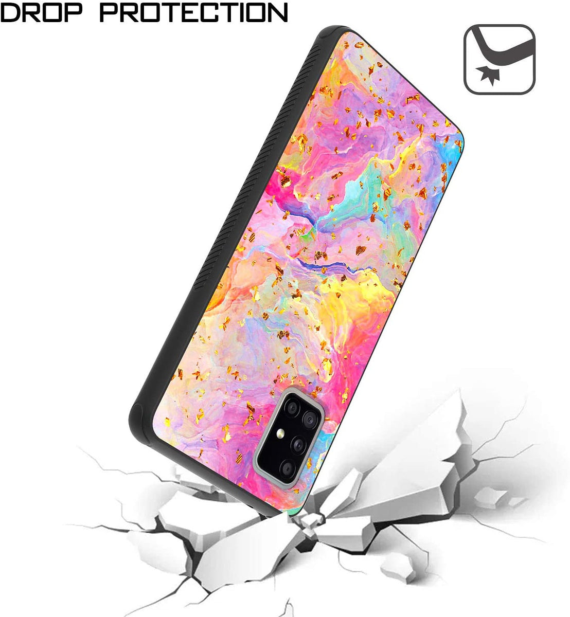 For Apple iPhone 15 Pro (6.1") Marble Fashion Stylish Flake Glitter Bling Hybrid Glossy TPU Rubber Hard PC Protection Marble Colorful Rainbow Phone Case Cover