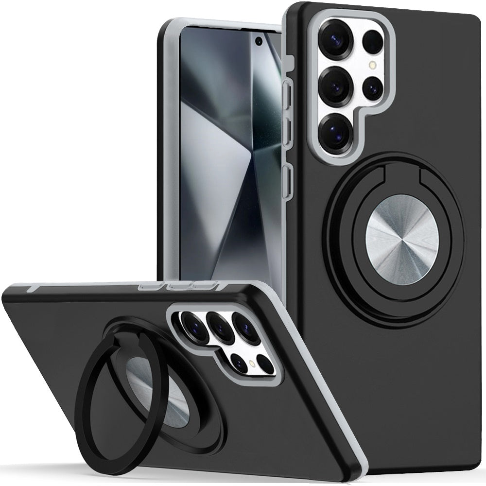 For Samsung Galaxy A17 5G Metal Matte Hybrid with Invisible Rotational Ring Stand, Car Mount Friendly, Military Grade Slim Fit Sturdy Case Cover Black