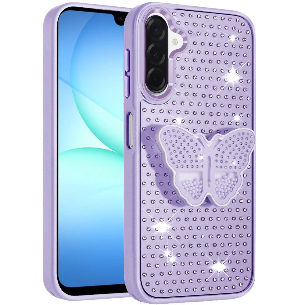 For Samsung Galaxy A17 5G Butterfly Moveable Grip 3D Pop Stand Full Diamond Bling Sparkling TPU Fashion Hybrid Case Cover