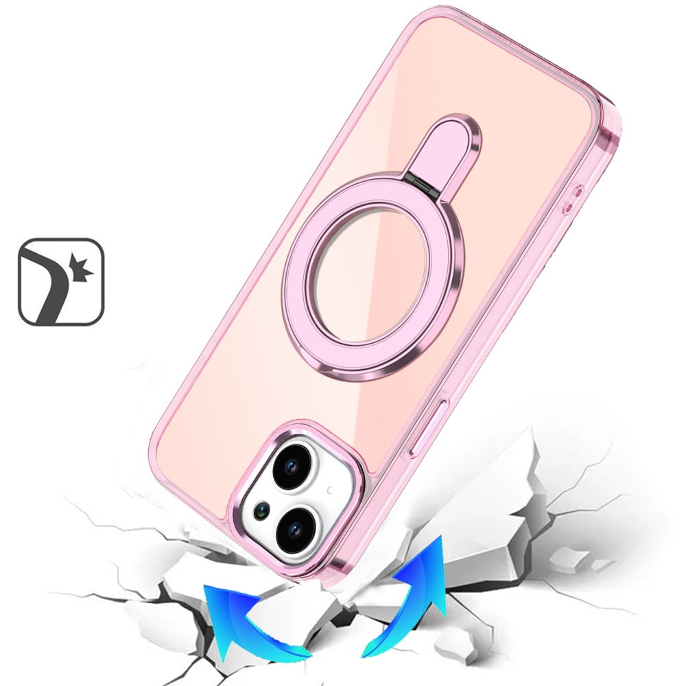 For Apple iPhone 15 Plus /14 Plus Chrome Hybrid with Rotating Magnetic Circle Ring Stand, Slim Shockproof Hybrid Case Cover