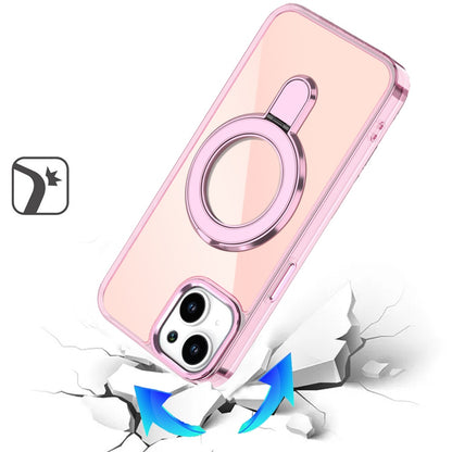 For Apple iPhone 15 Plus /14 Plus Chrome Hybrid with Rotating Magnetic Circle Ring Stand, Slim Shockproof Hybrid Case Cover