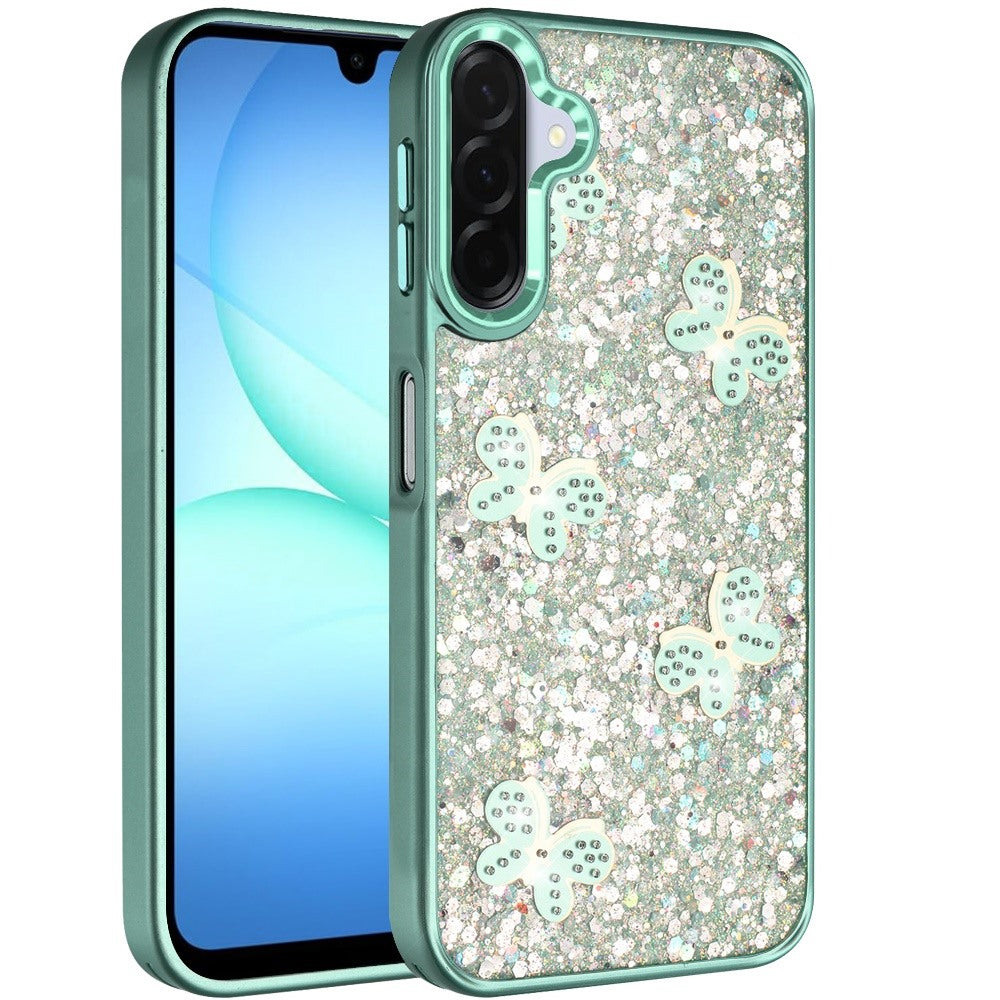 For Samsung Galaxy A17 5G Cute Butterfly Crystal Diamond Glitter Case Sparkle Bling Frame Metallic Edges, Shimmer TPU Hybrid Case Cover