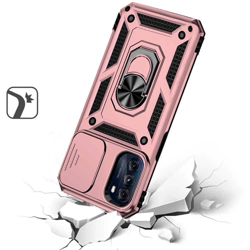 For Motorola Moto G 5G 2025 Hybrid Ring Shockproof with 360° Rotate Ring Kickstand, Camera Lens Protection, Soft Edge Bumper Case Cover Rose Gold