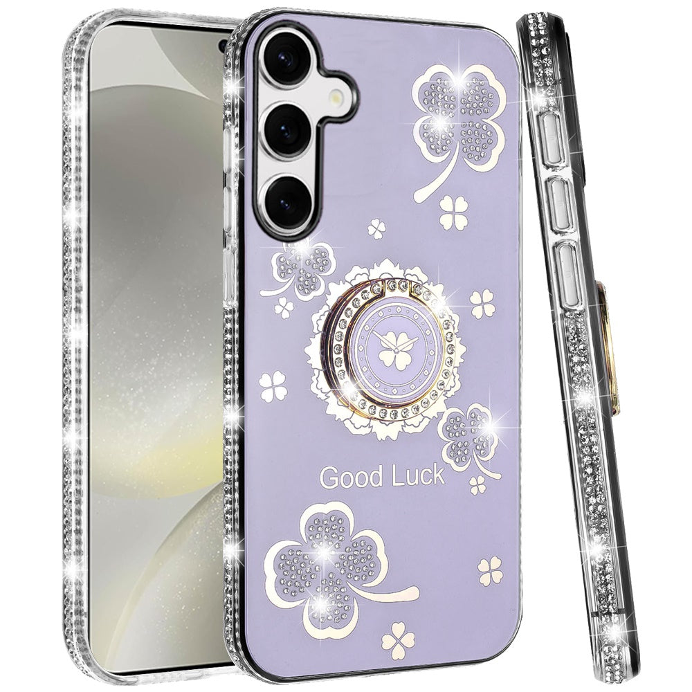 For Samsung Galaxy S25+ /S25 Plus /S24+ Plus Diamonds Bling All Around Edges Sparkly Glitter Hybrid with Ring Stand Holder Fashion Good Luck Case Cover