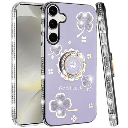 For Samsung Galaxy S25+ /S25 Plus /S24+ Plus Diamonds Bling All Around Edges Sparkly Glitter Hybrid with Ring Stand Holder Fashion Good Luck Case Cover