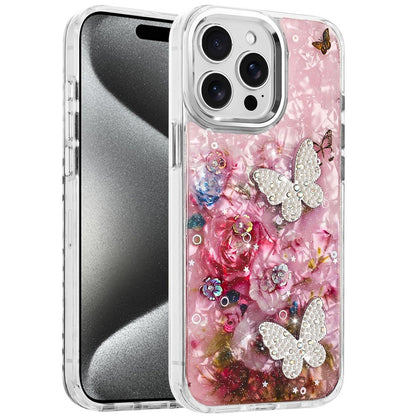 For Apple iPhone 15 Pro Max Epoxy Glitter Flowers Bling 3D Butterfly Fashion TPU Hybrid with Shockproof Protection Case Cover