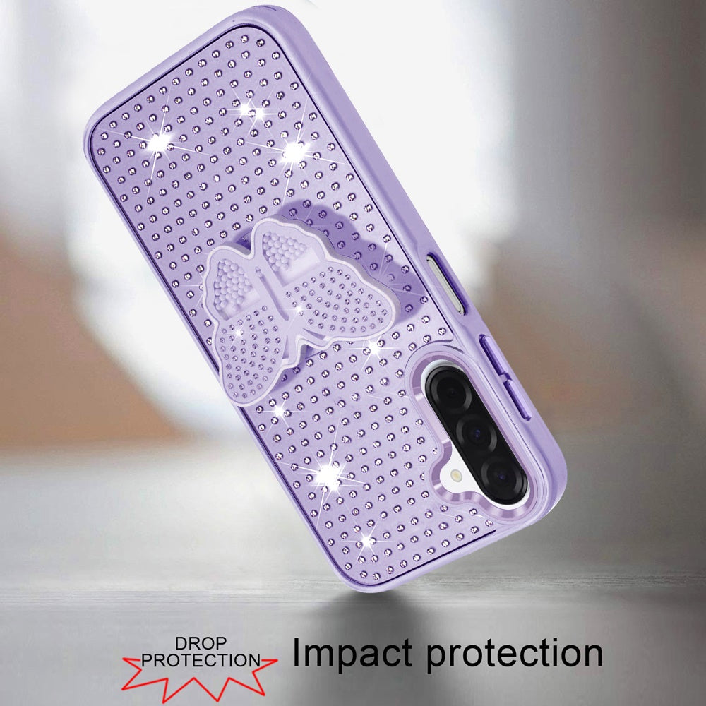 For Samsung Galaxy S25 Fan Edition /Galaxy S25 FE Butterfly Moveable Grip 3D Pop Stand Full Diamond Bling Sparkling TPU Fashion Hybrid Case Cover