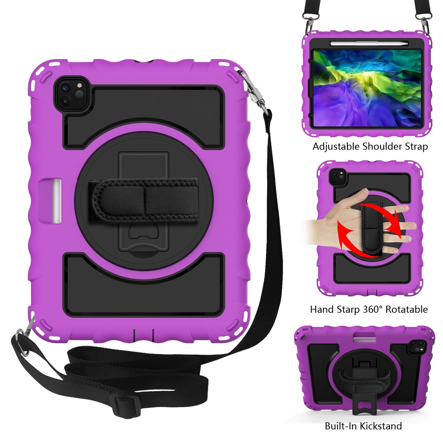 For Hybrid 3in1 Armor Rugged with Built-in Kickstand 360° Rotatable Stand & Shoulder Hand Strap Corner Shockproof Purple Tablet Case Cover