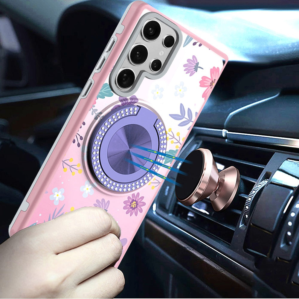 For Samsung Galaxy S23 Ultra Pattern Design Hybrid with Invisible Ring Stand & Magnetic Back, Shockproof Protective Grip Case Cover