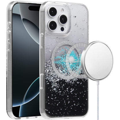 For Apple iPhone 16 Pro (6.3") Premium Transparent Epoxy Glitter Bling Magnetic Circle Compatible with MagSafe Hybrid Sparkle TPU Case Cover