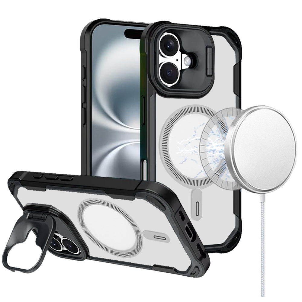 For Apple iPhone 16 (6.1") Magnetic Circle Hybrid with Camera Stand, Compatible with MagSafe, Shockproof Protective Case Cover