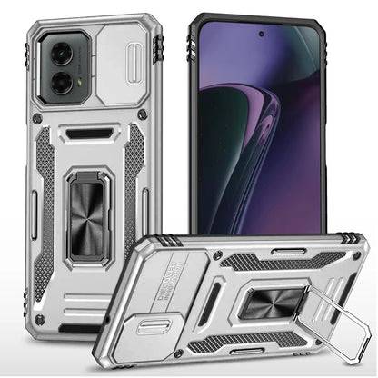 For Apple iPhone 16e Tough Hybrid Case with Movable Camera Window & Metal Ring Stand Shockproof Case Cover Silver