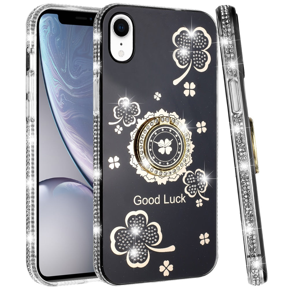 For Apple iPhone XR Diamonds Bling All Around Edges Sparkly Glitter Hybrid Ring Stand Holder Fashion Good Luck Case Cover