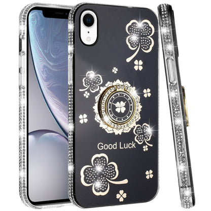 For Apple iPhone XR Diamonds Bling All Around Edges Sparkly Glitter Hybrid Ring Stand Holder Fashion Good Luck Case Cover