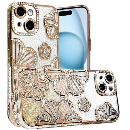 For Apple iPhone 15 /6.1" Luxury Floral Design Sparkle Glitter Diamond Crystal Rhinestone Shimmer Bling Plating Thick TPU Hard PC Case Cover