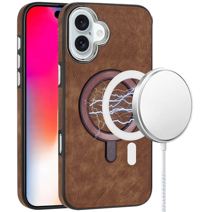 For Apple iPhone 16 (6.1") PU Vegan Leather Chrome Edged Hybrid Hard PC TPU Rubber Compatible with MagSafe Case Cover