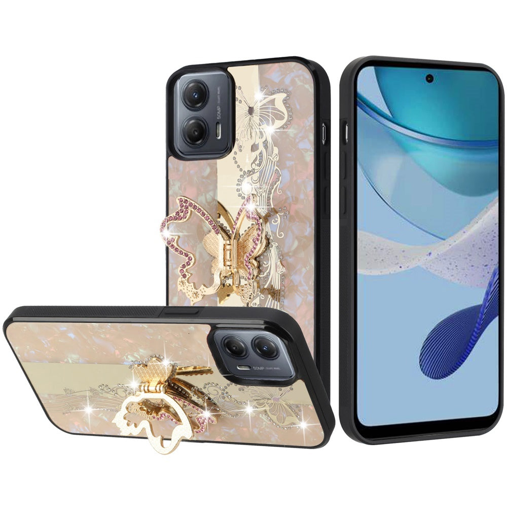 For Samsung Galaxy A06 Diamonds 3D Butterfly Bling Sparkly Glitter Ornaments Engraving Hybrid with Ring Stand Fashion Case Cover Enchanted Butterfly Gold