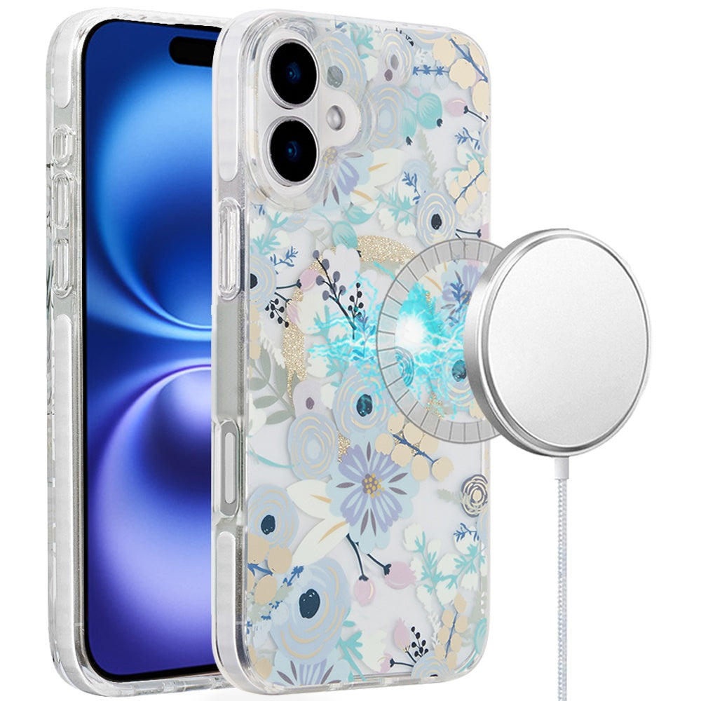 For Apple iPhone 16 (6.1") Floral Pattern Design Cute Clear Hybrid Compatible with Magsafe Double Layer Soft TPU Hard PC Back Slim Case Cover