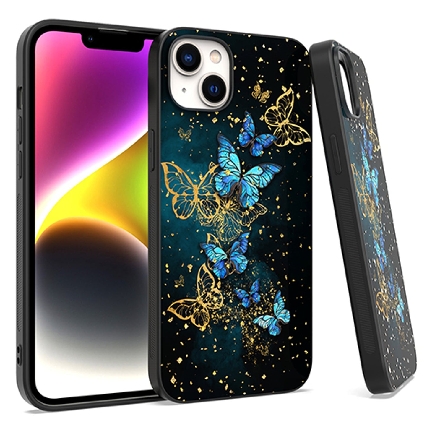 For Apple iPhone 15 Pro (6.1") Marble Fashion Stylish Flake Glitter Bling Hybrid Glossy TPU Rubber Hard PC Protection Butterfly Phone Case Cover