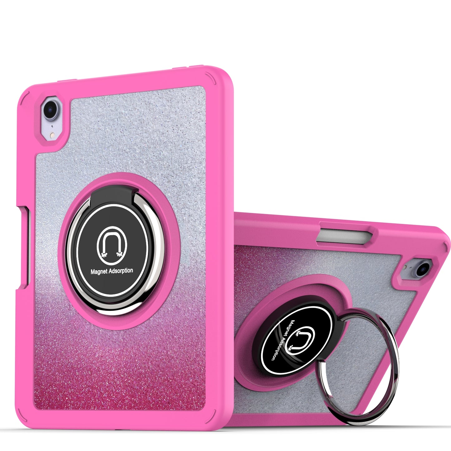 For Two-Tone Diamond Bling Hybrid Case with Magnetic Ring Stand Kickstand Frame Bumper Drop proof Pink Tablet Case Cover
