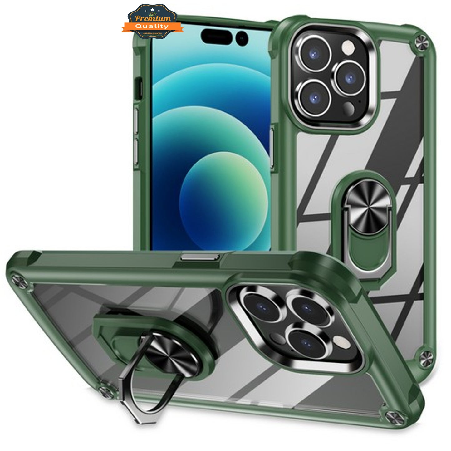 For Apple iPhone 15 Pro Max (6.7") Clear Transparent Hybrid with 360° Magnetic Ring Stand PC Heavy Duty Shockproof  Phone Case Cover