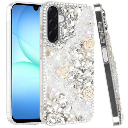 For Samsung Galaxy A17 5G Fashion Rose Flower Floral Bling Crystal 3D Full Diamonds Pearl Sparkle Rhinestone Glitter Hybrid Case Cover