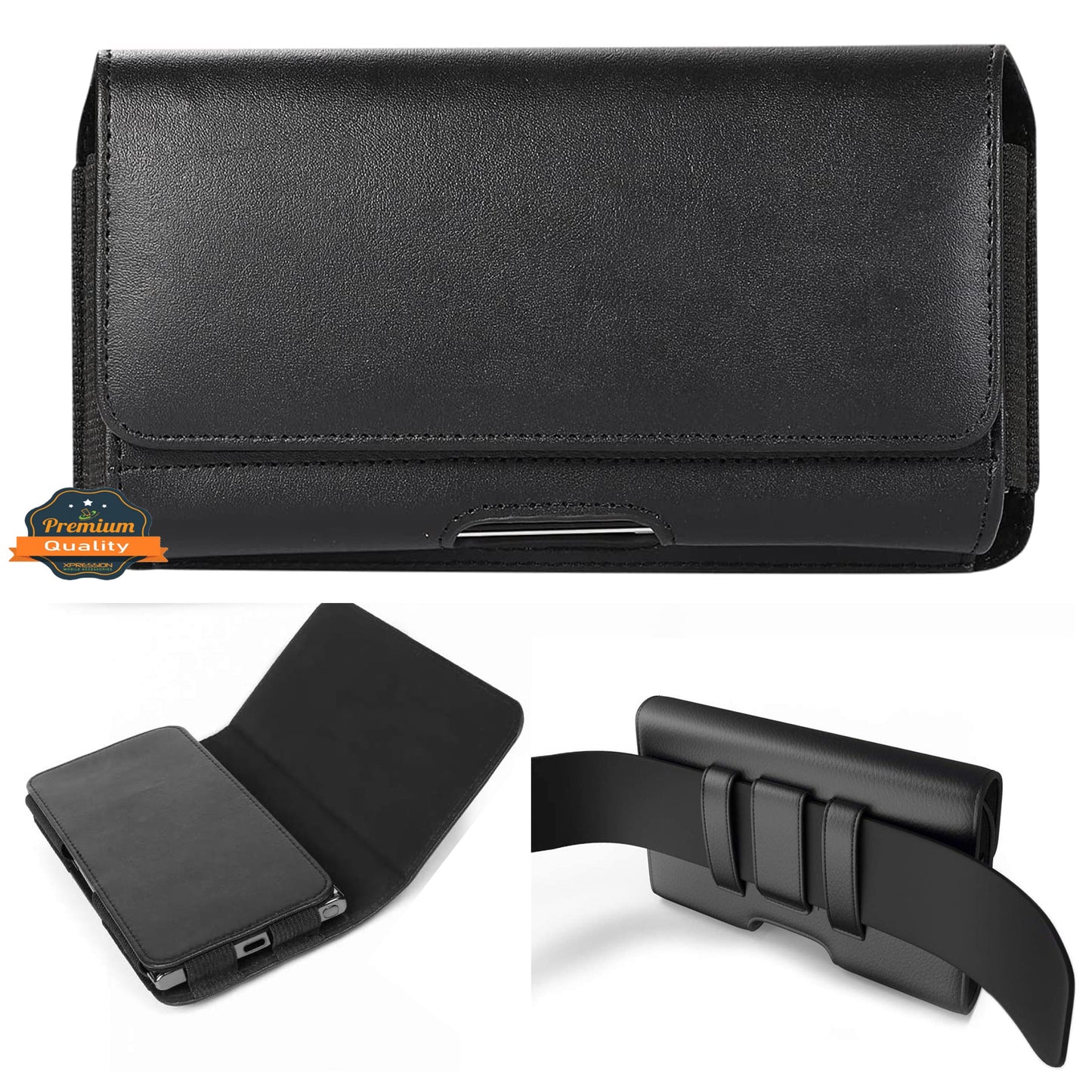 For Apple iPhone 16 Plus (6.7") Universal Leather Belt Holster Horizontal Pouch Phone Holder with Belt Loop / Clip Waistband (X-Large) Cover [Black]