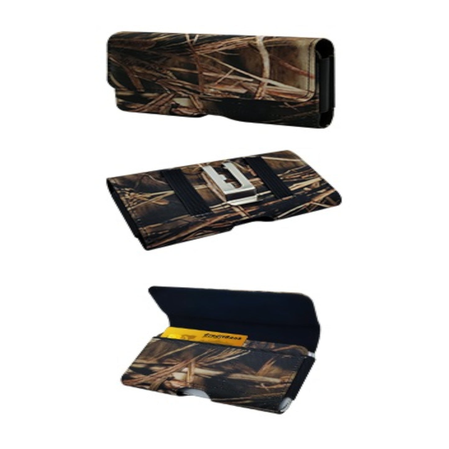 For Apple iPhone 16 Pro (6.3") Universal Camo Leather Horizontal Holster Pouch with Credit Card Slots Wallet & Belt Loop Clip Carrying (Fits 6.7 inch Phone) [Camouflage]
