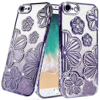 For Samsung Galaxy A16 Luxury Flower Design Sparkle Glitter Diamond Rhinestone Shimmer Bling Plating Thick TPU Hard PC Case Cover Flower Purple
