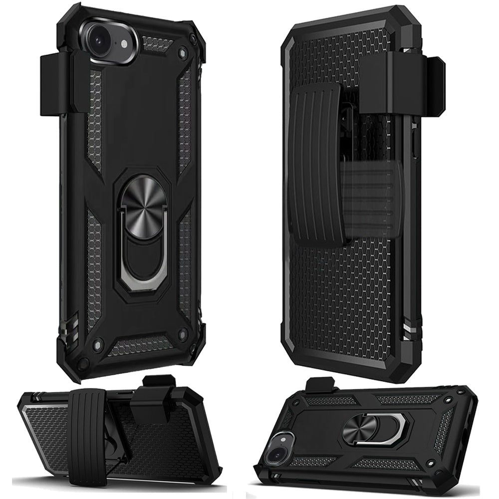For Apple iPhone 16e Hybrid Combo Belt Clip Holster with Ring Stand Holder, Military Grade Fit Magnetic Car Mount Shockproof Case Cover Black