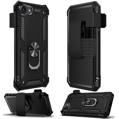 For Apple iPhone 16e Hybrid Combo Belt Clip Holster with Ring Stand Holder, Military Grade Fit Magnetic Car Mount Shockproof Case Cover Black