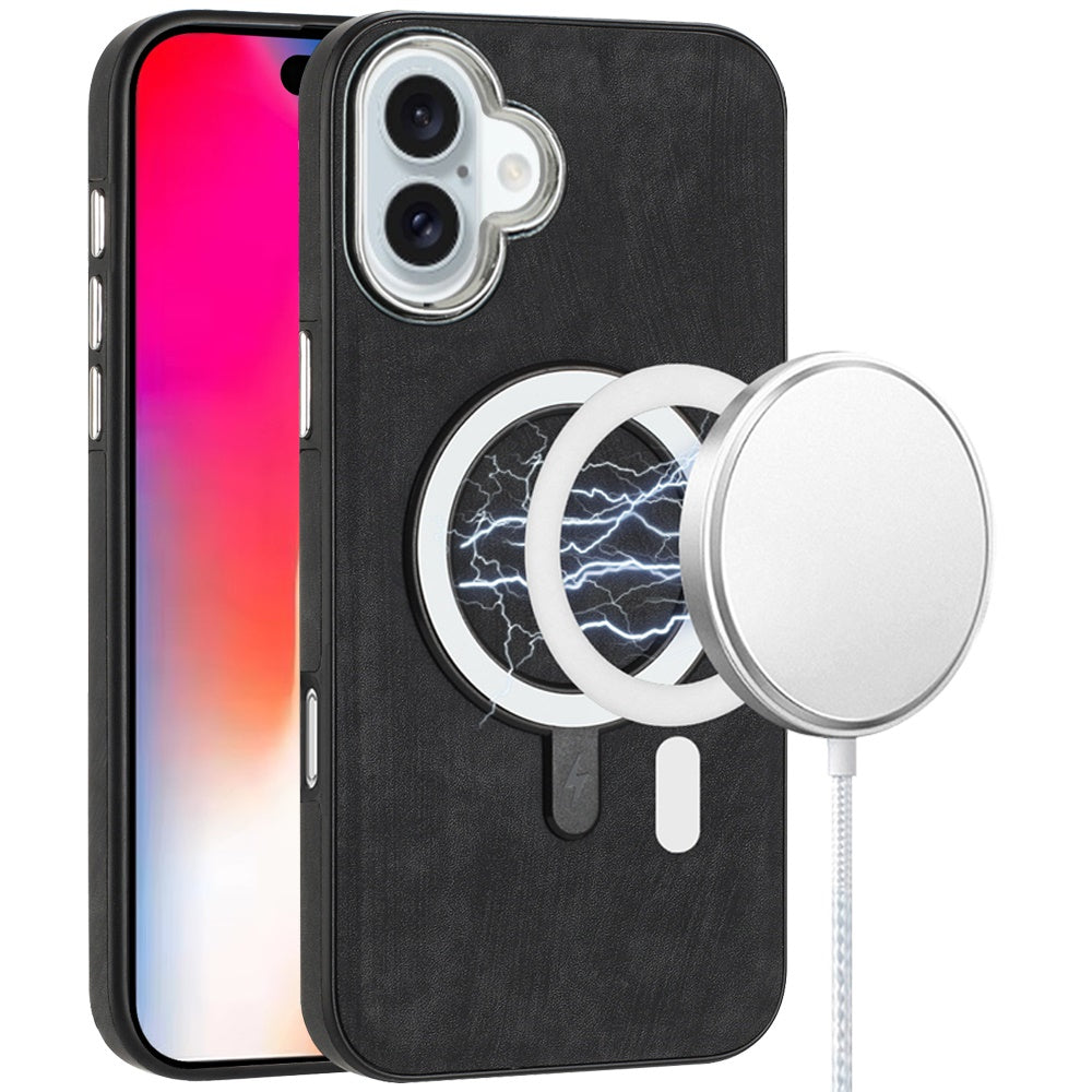For Apple iPhone 16 (6.1") PU Vegan Leather Chrome Edged Hybrid Hard PC TPU Rubber Compatible with MagSafe Case Cover