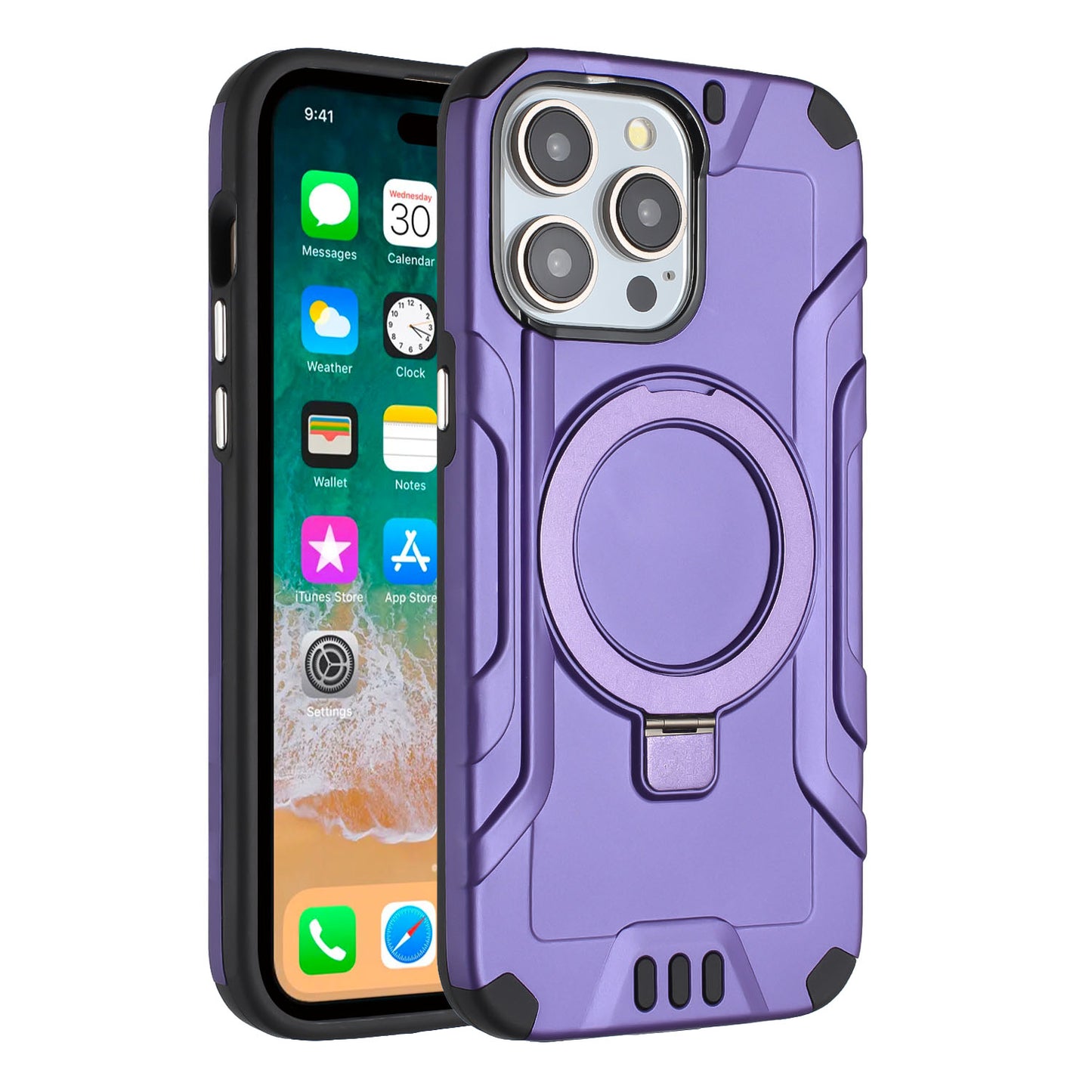 For Apple iPhone 15 /6.1" Brushed Armor Rugged Hybrid with Invisible Magnetic Circle Kickstand Shockproof Hard PC Protective Case Cover -