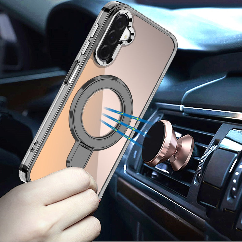 For Samsung Galaxy S25 Fan Edition /Galaxy S25 FE Chrome Hybrid with Rotating Magnetic Circle Ring Stand, Slim Shockproof Hybrid Case Cover Black