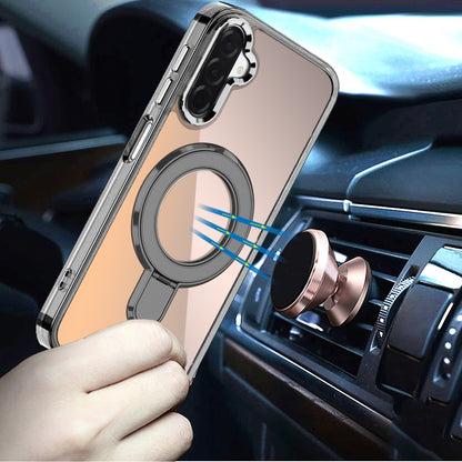 For Samsung Galaxy S25 Fan Edition /Galaxy S25 FE Chrome Hybrid with Rotating Magnetic Circle Ring Stand, Slim Shockproof Hybrid Case Cover Black